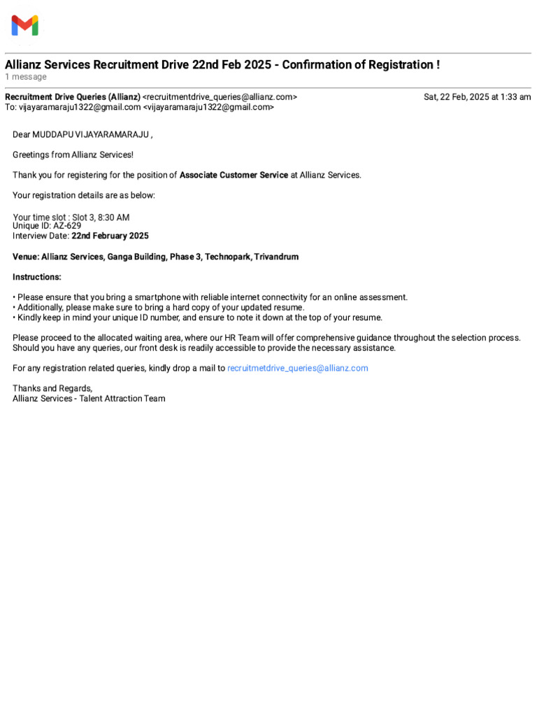 Gmail - Allianz Services Recruitment Drive 22nd Feb 2025 - Confirmation ...