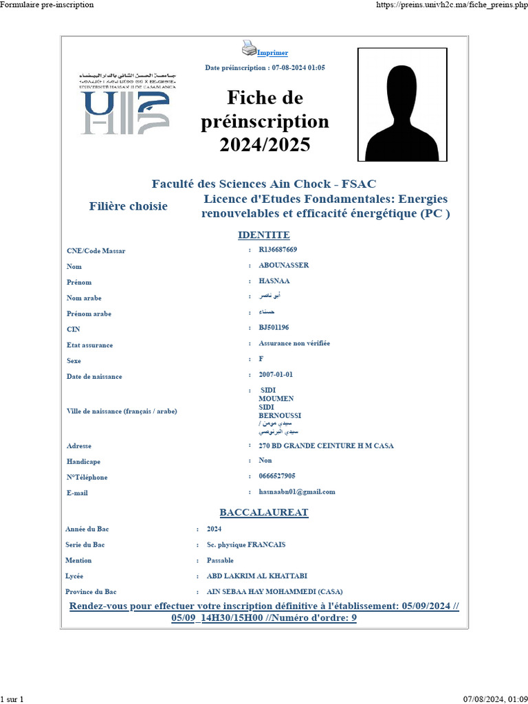 Préinscription FSAC 2024/2025 | PDF