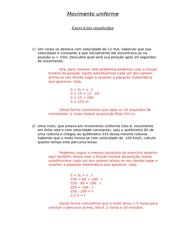 Exercícios Resolvidos de Movimento Uniforme | PDF | Velocidade | Física