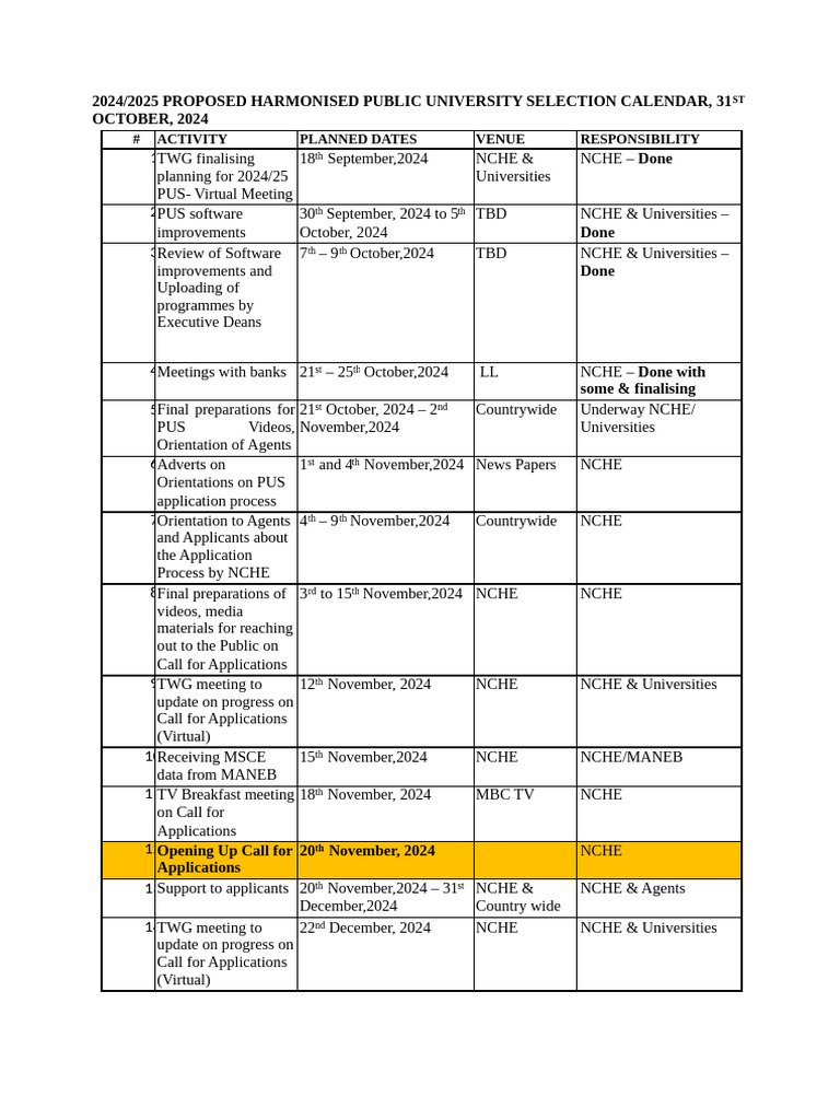 2024 25 PUS Calendar of Events Opening For Applications 20th November ...