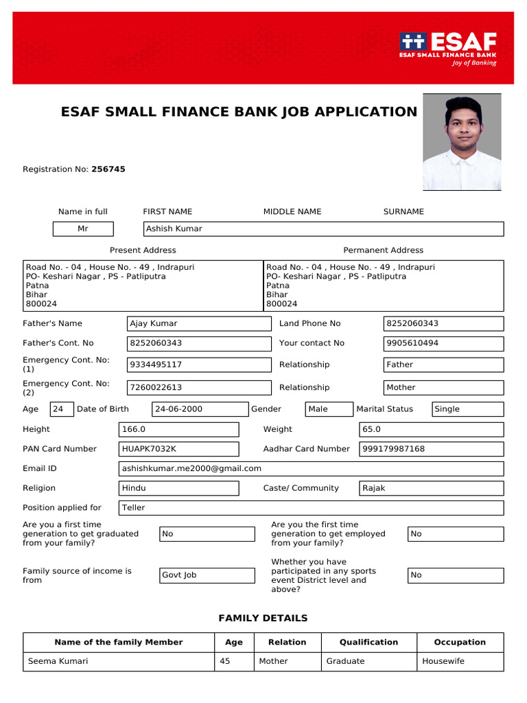 ESAF Bank Job Application Form | PDF