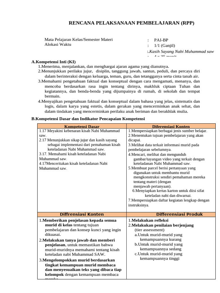 RPP Diferensiasi PAI Kls I | PDF