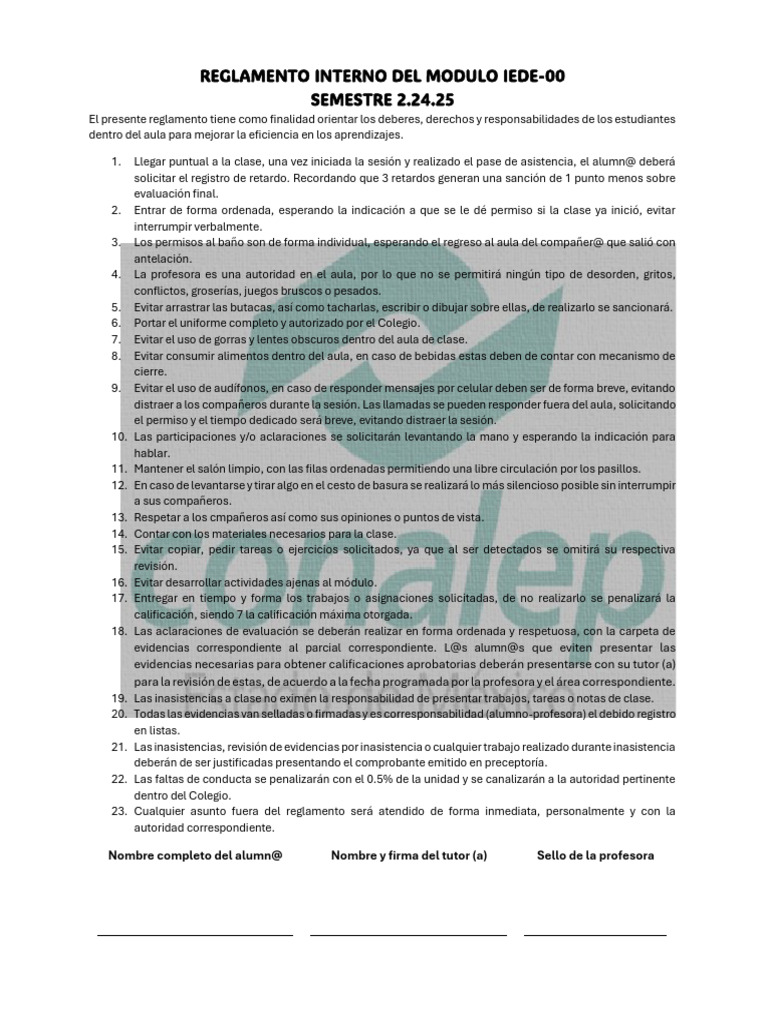 Reglamento Del Aula IEDE-00 | PDF | Salón de clases