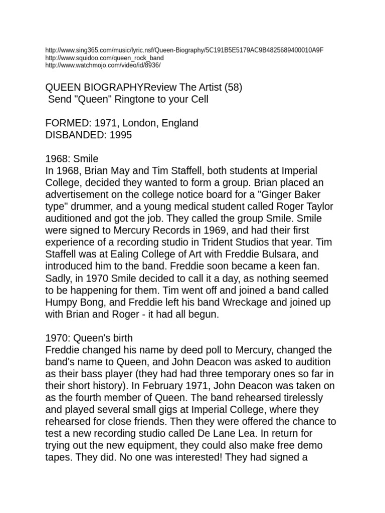 Queen Band History and Milestones | PDF