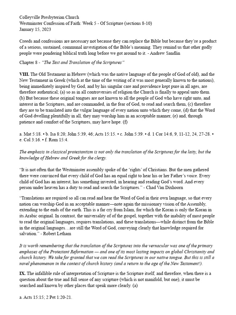 Westminster Confession - Week 5 - of Scripture | PDF | Bible | Sola ...