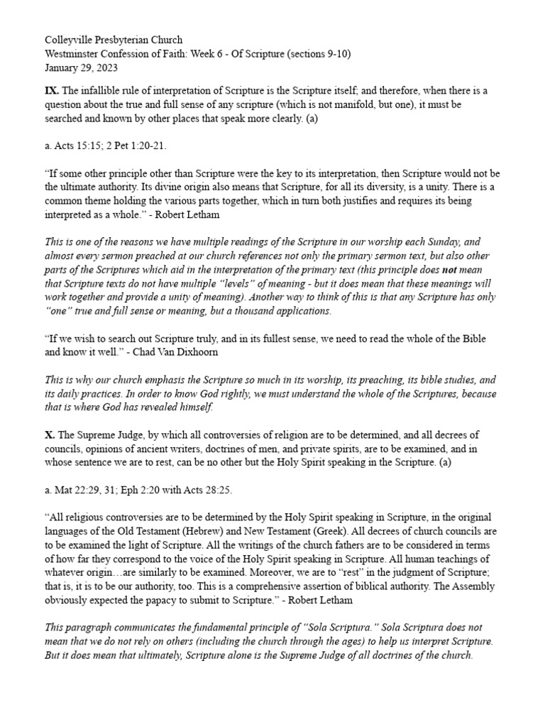Westminster Confession - Week 6 - of Scripture | PDF | Bible | Sola ...