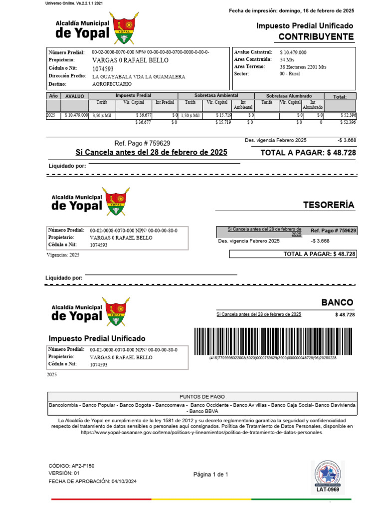 Impuesto Predial Unificado 2025 Yopal | PDF