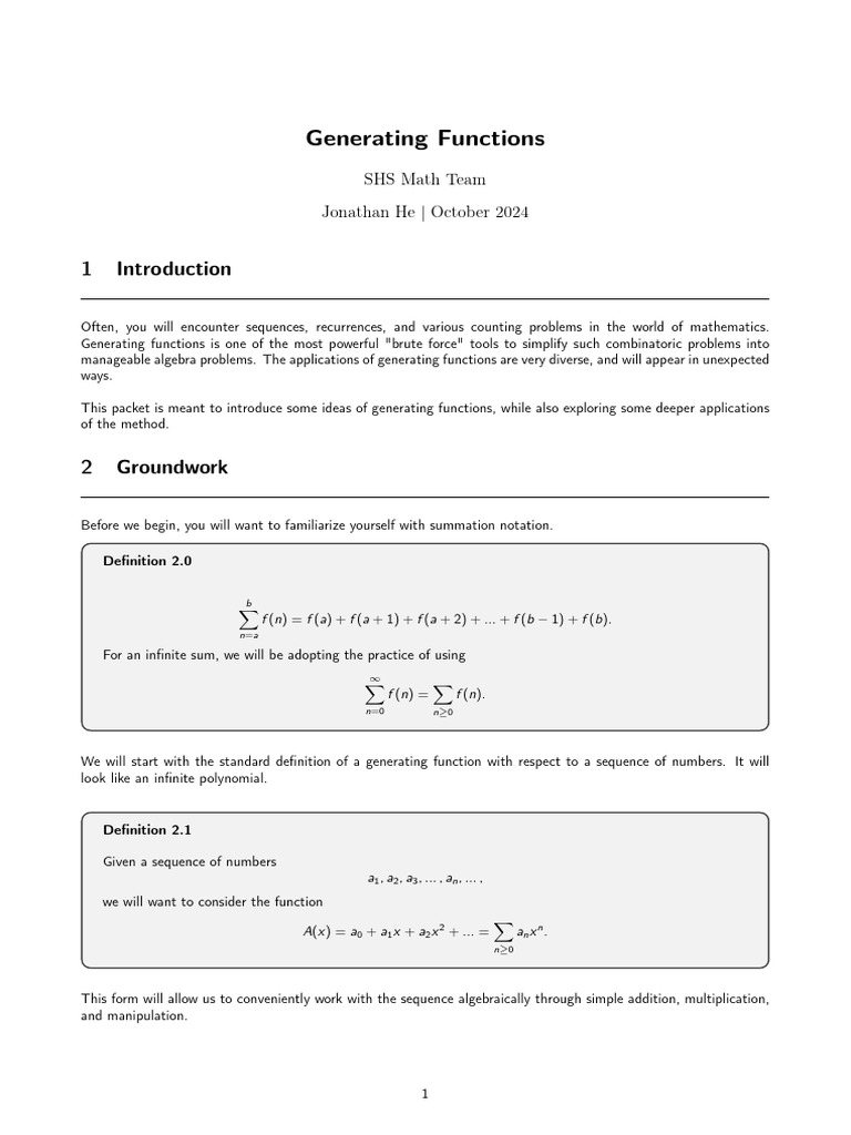 Generating Functions Guide | PDF | Summation | Function (Mathematics)
