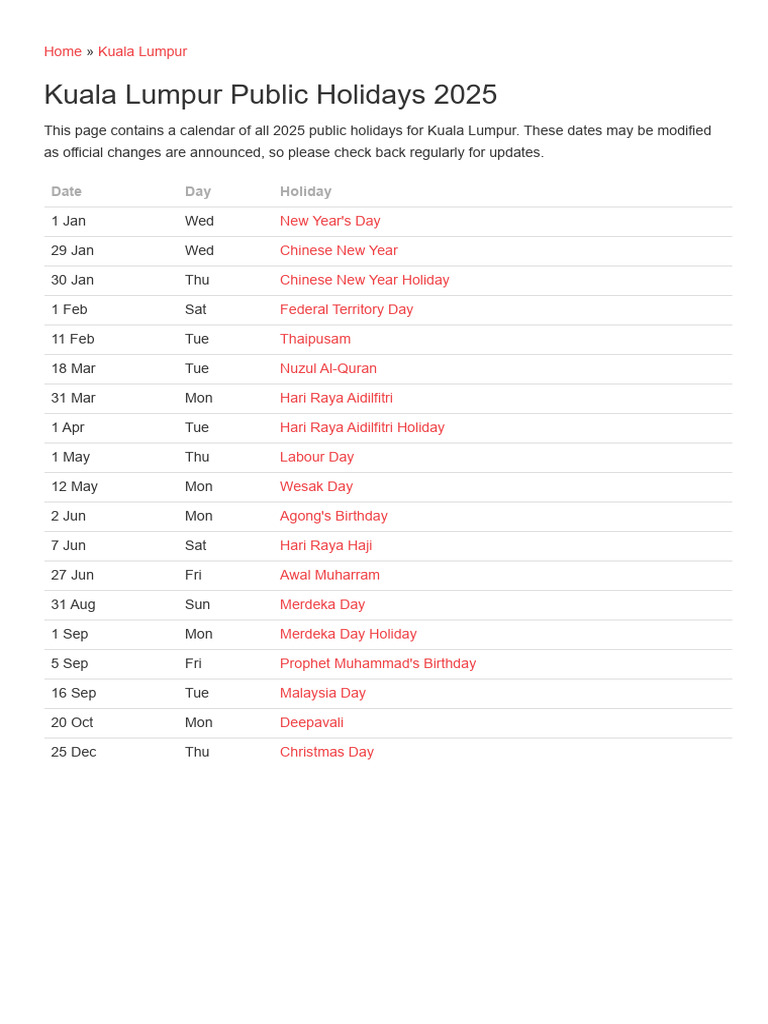 Kuala Lumpur Public Holidays 2025 PDF