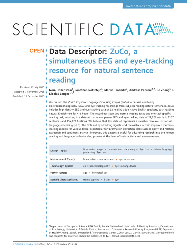 2018 ZuCo A Simultaneous EEG and Eye Tracking Resource For Natural ...