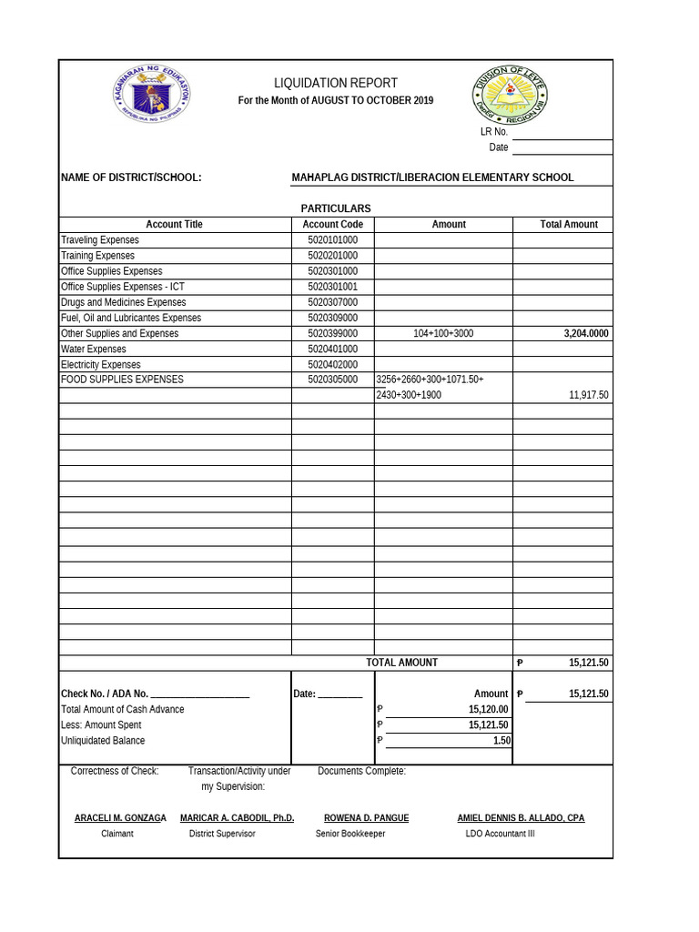 Mahaplag District Liquidation Report 2019 | PDF