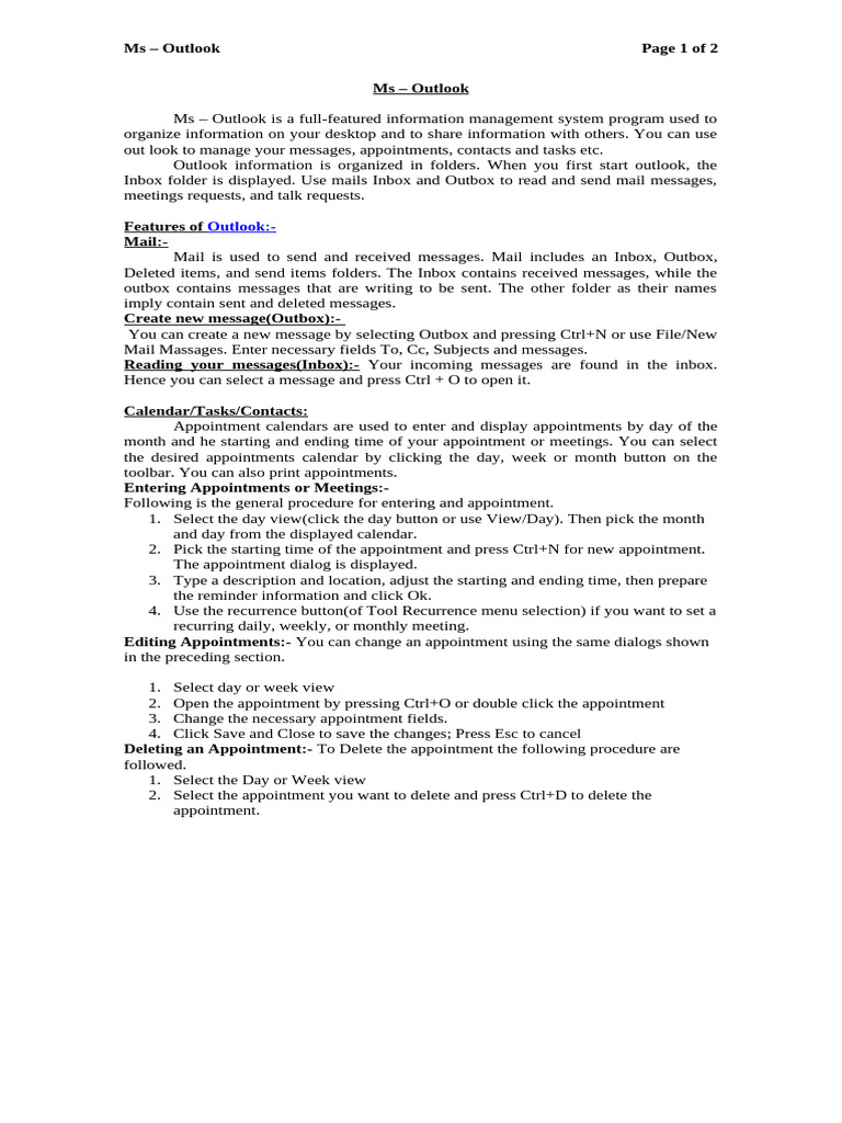 Outlook Features and Usage Guide | PDF | Microsoft Outlook | Operating ...