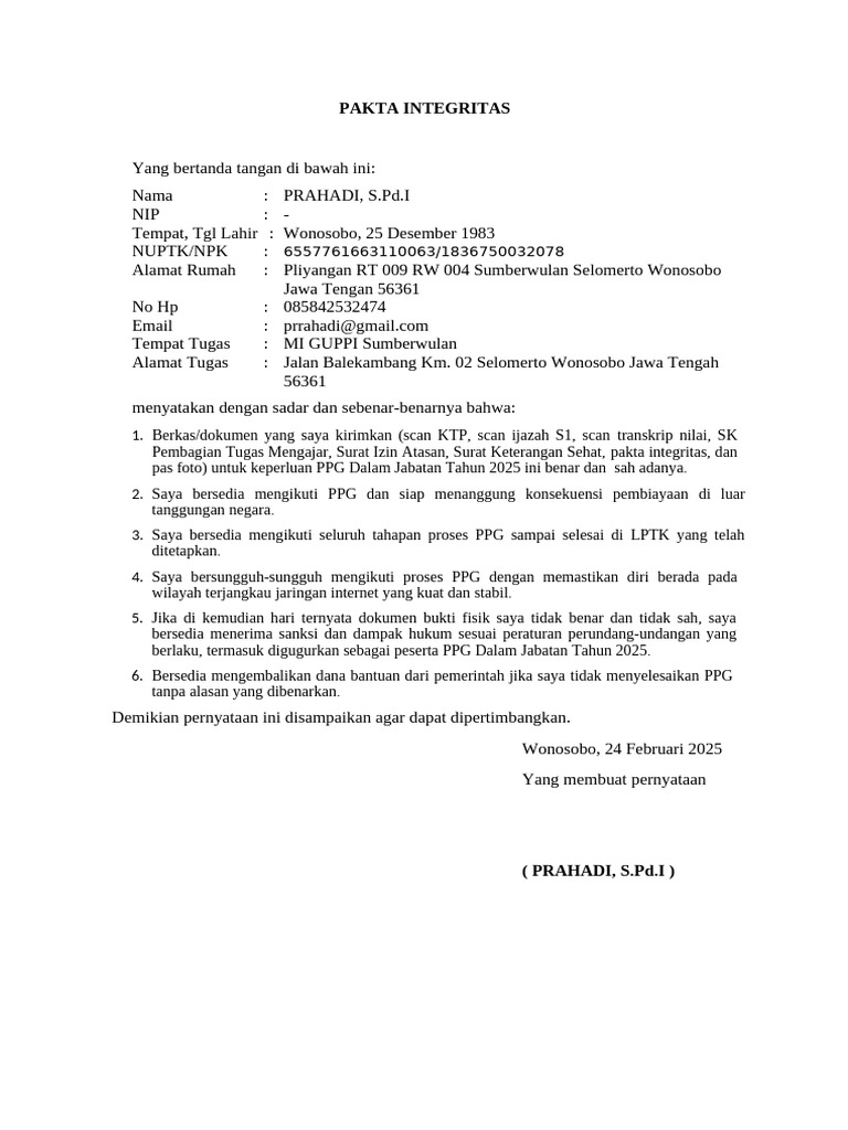 Contoh Format Pakta Integritas | PDF