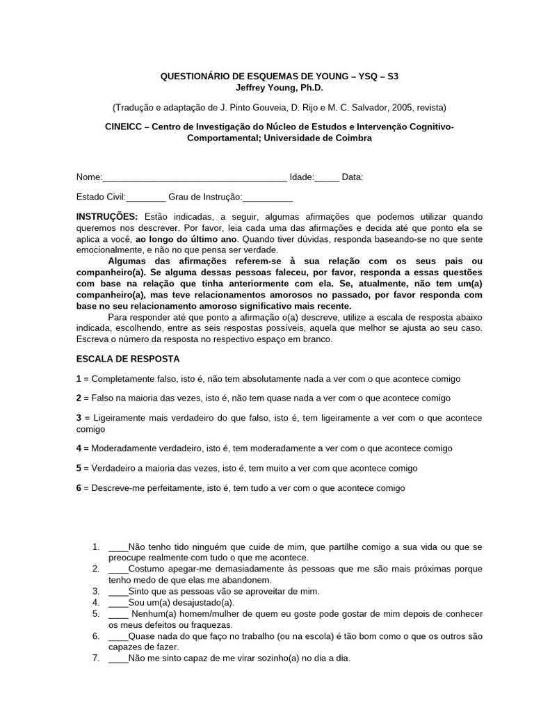 Questionário de Esquemas de Young | PDF | Amor | Conceitos psicológicos