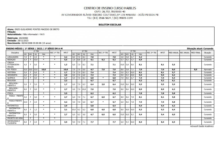 Significado de REC no Boletim Escolar | PDF