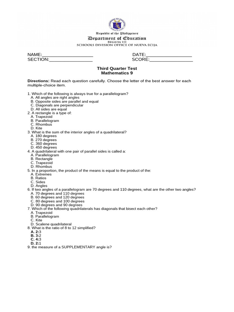 Math 9 Third Quarter Test Questions | PDF | Rectangle | Classical Geometry