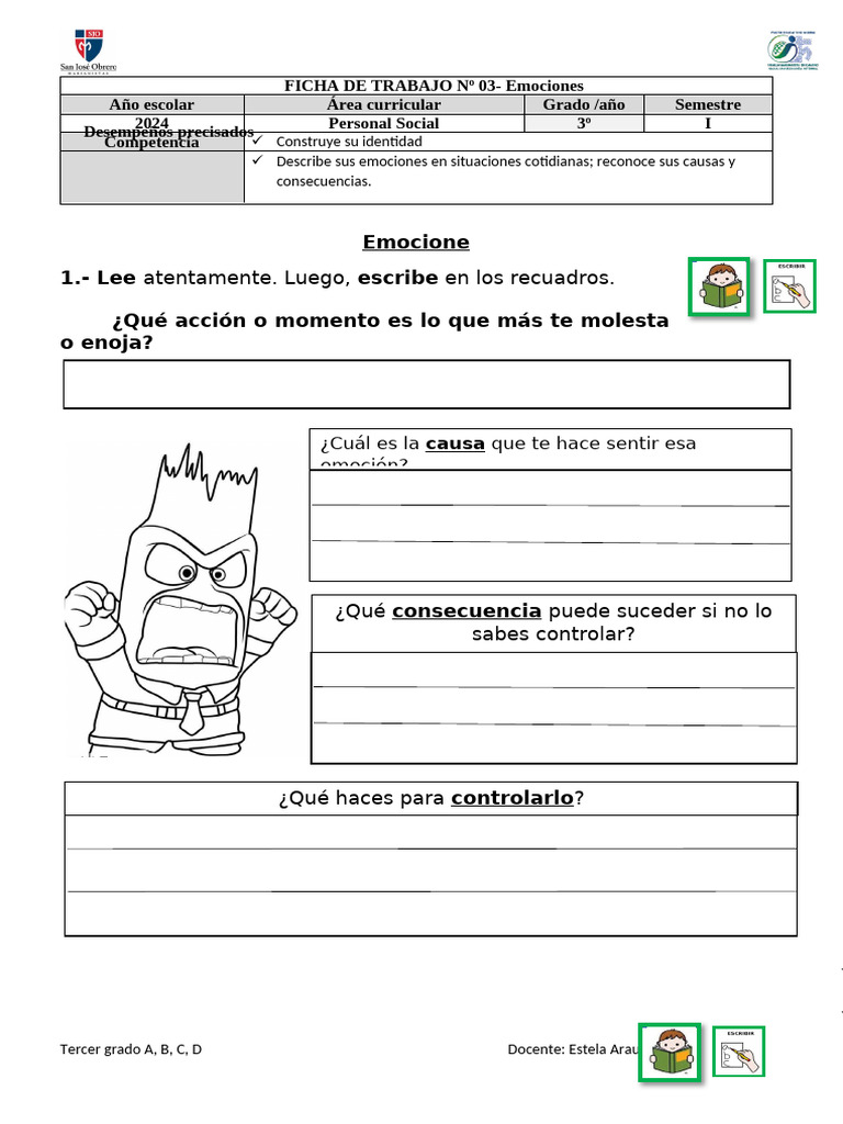 Ficha de Emociones para Tercer Grado | PDF