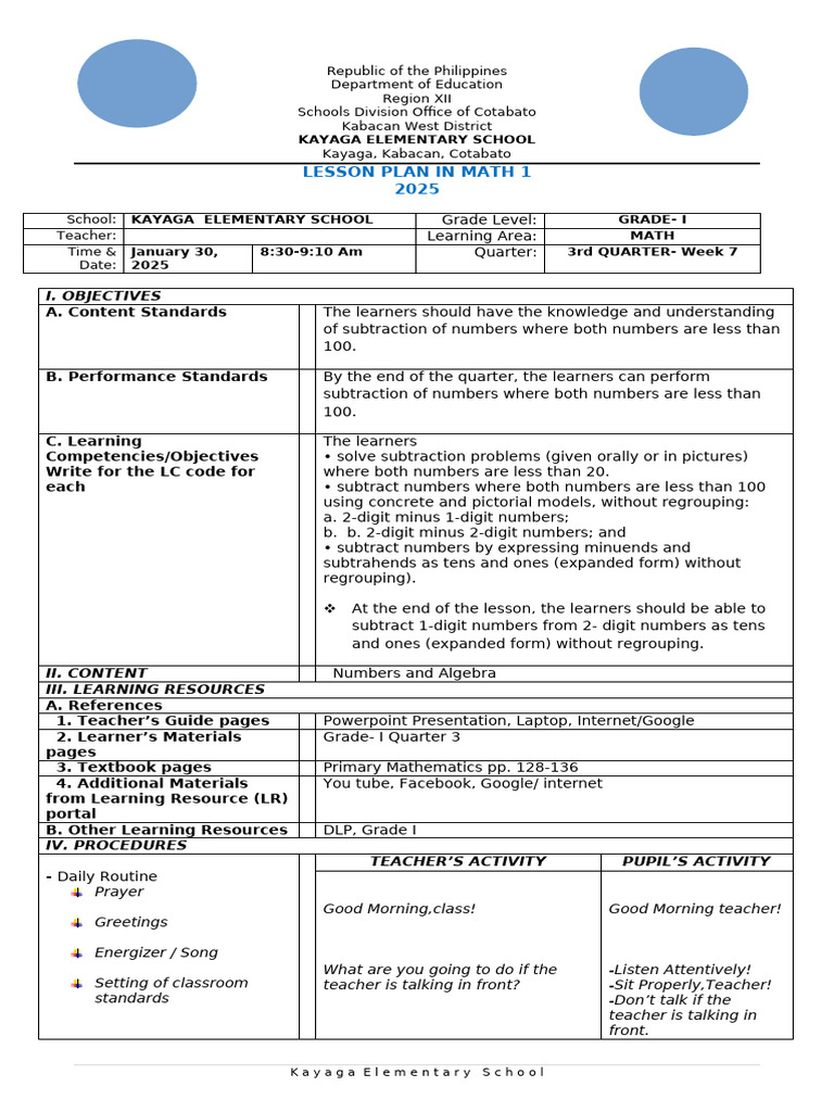 cot-lp-3rd-gading-MATH W-5 D-3 | PDF | Subtraction | Education Theory