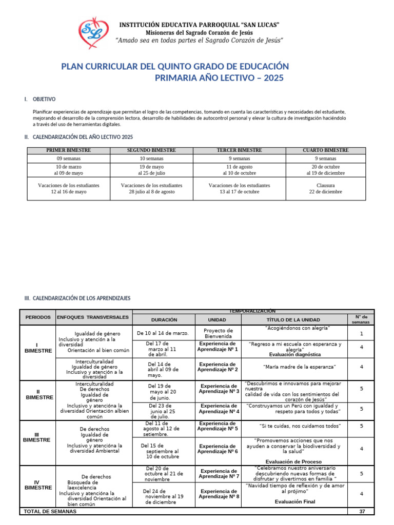 Plan Curricular de Quinto Grado de Primaria 2025 | PDF | División ...