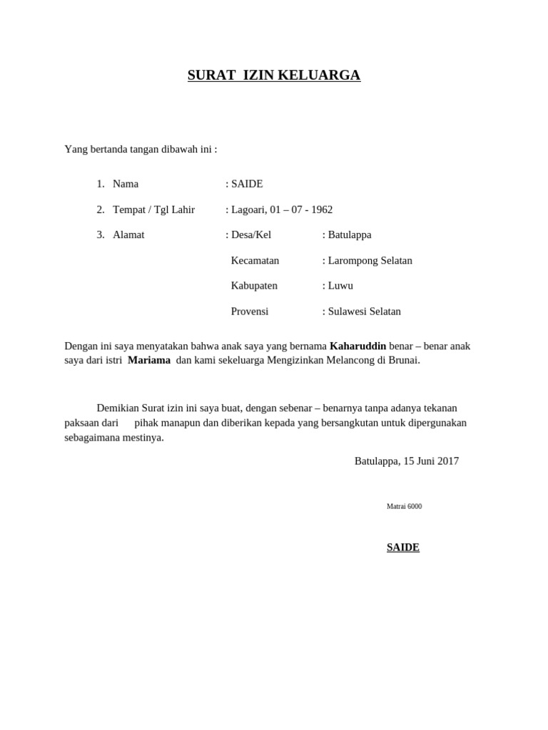 Surat Izin Keluarga untuk Melancong | PDF