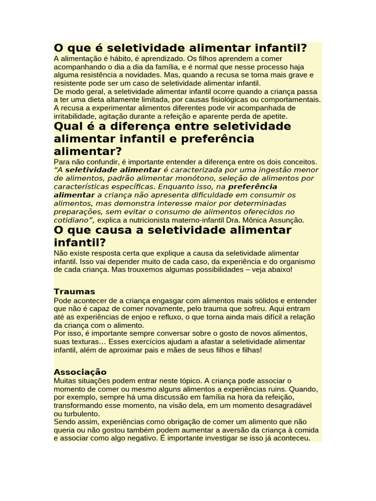 Seletividade Alimentar Infantil: Causas e Tratamento | PDF | Alimentos ...
