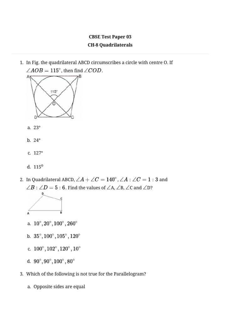 CBSE Class 8 Quadrilaterals Test Paper | PDF