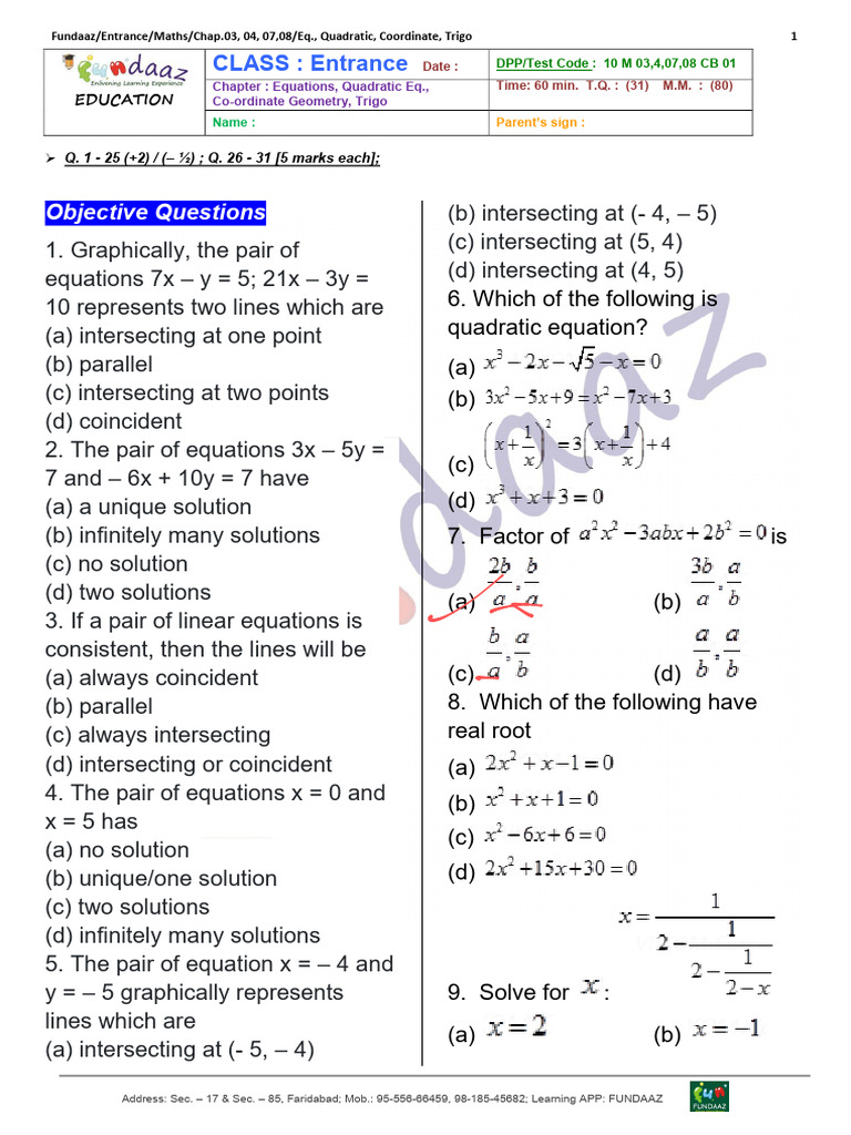 10 Ent. M 03,04,07,08 CB01 Q. | PDF | Equations | Quadratic Equation