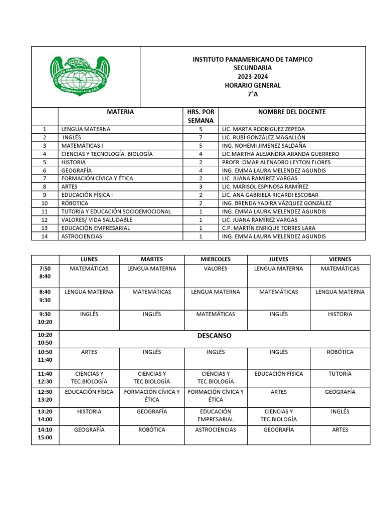 Horarios Generales 7a, 7b y 7c 2023-2024 | PDF | Aprendizaje