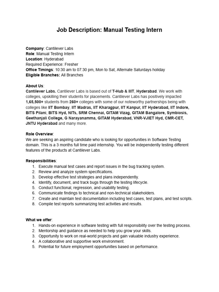 Manual Testing Internship at Cantilever Labs | PDF