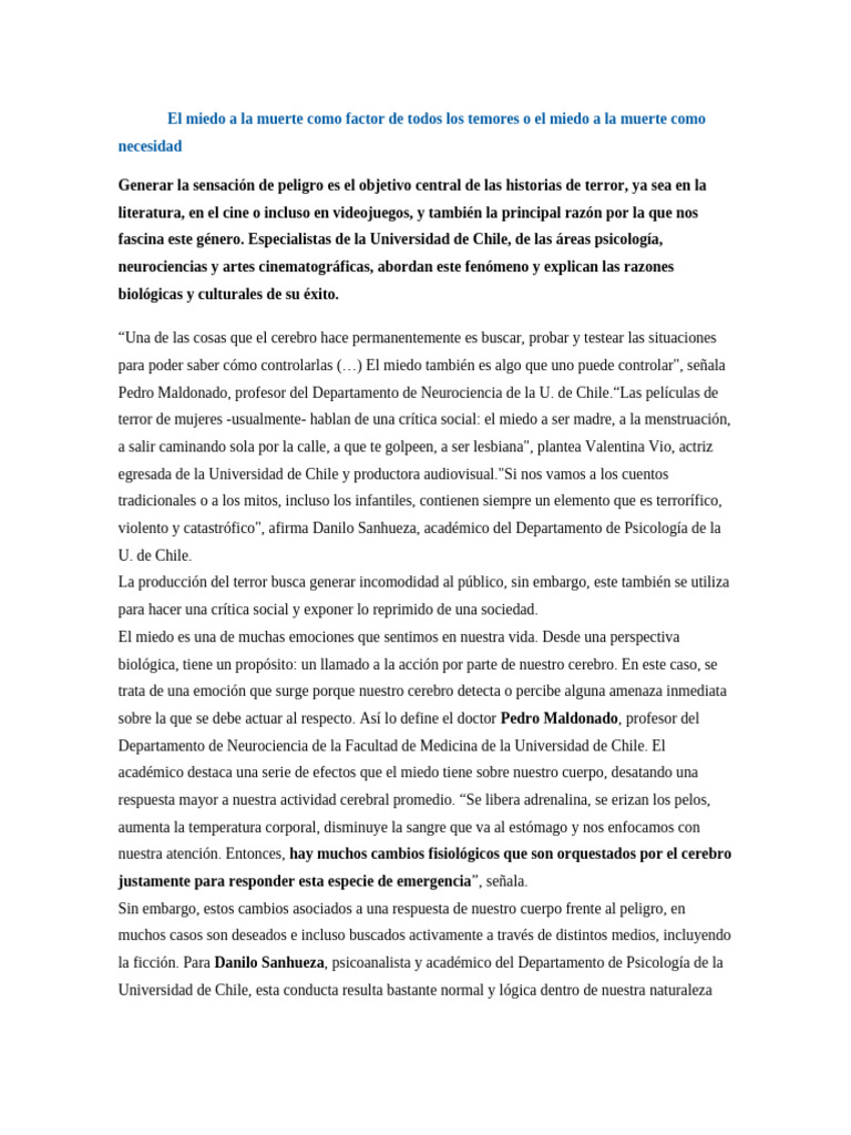 El Miedo A La Muerte Como Factor de Todos Los Temores o El Miedo A La ...