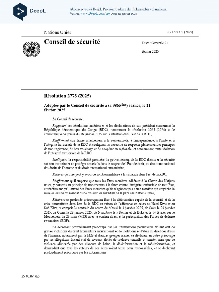 RESOLUTION DE PAIX DE LA RDC FR | PDF | République démocratique du ...