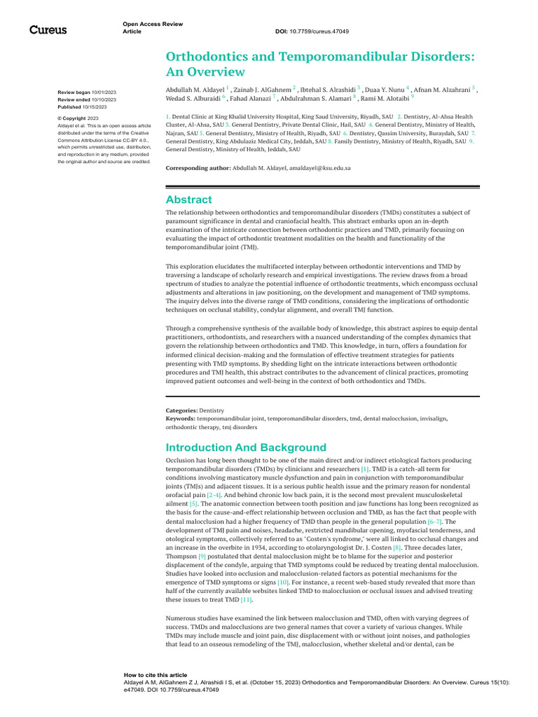 Orthodontics and TMD, Cureus, 2023 | PDF | Medical Diagnosis | Orthodontics