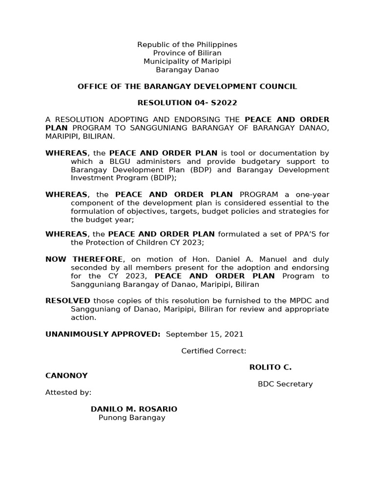 Peace and Order Plan Resolution Danao | PDF