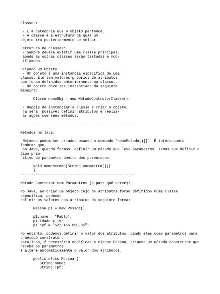 Estrutura de Classes e Objetos em Java | PDF | Classe (programação de ...