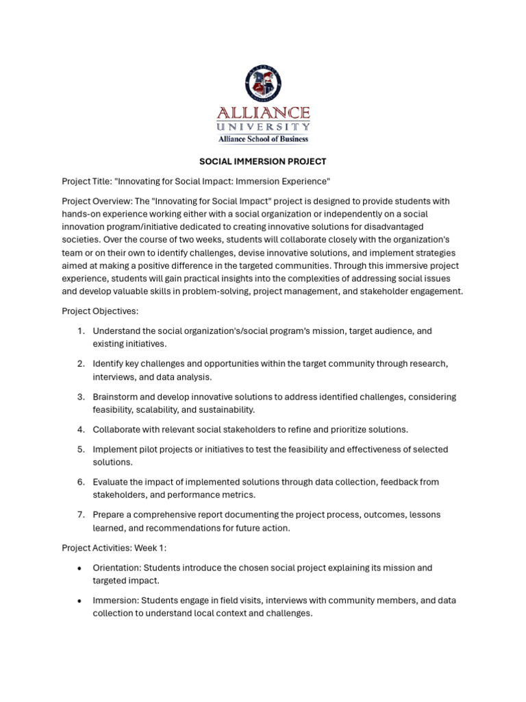 Social Innovation Immersion Project | PDF | Brainstorming | Evaluation