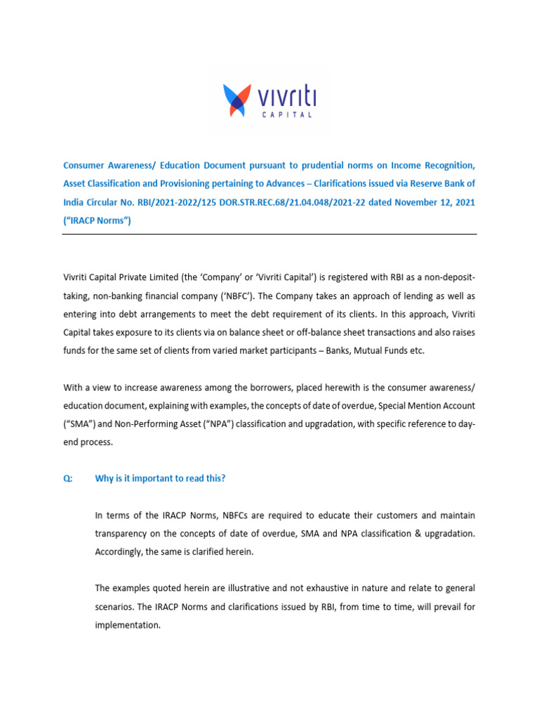 RBI Guidelines on NPA and SMA Classification | PDF | Loans | Finance ...