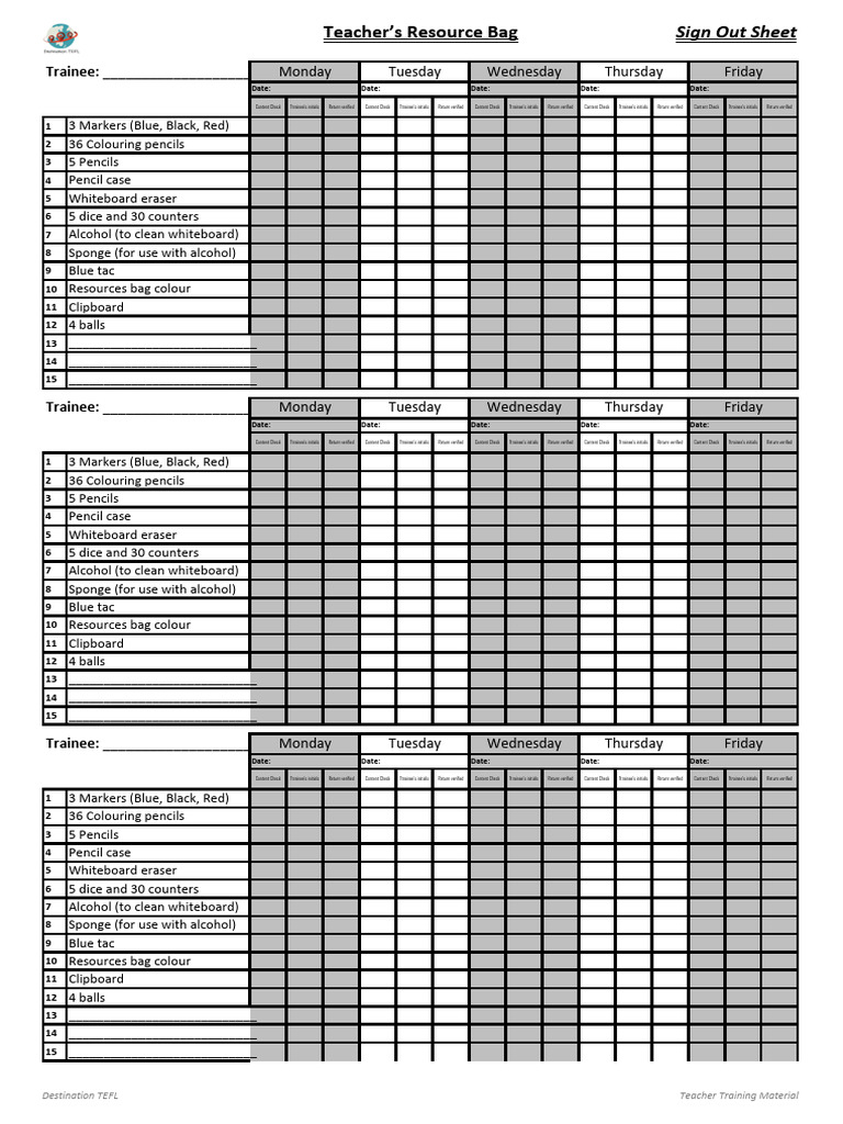 Teacher Resource Bag Sign Out Sheet | PDF