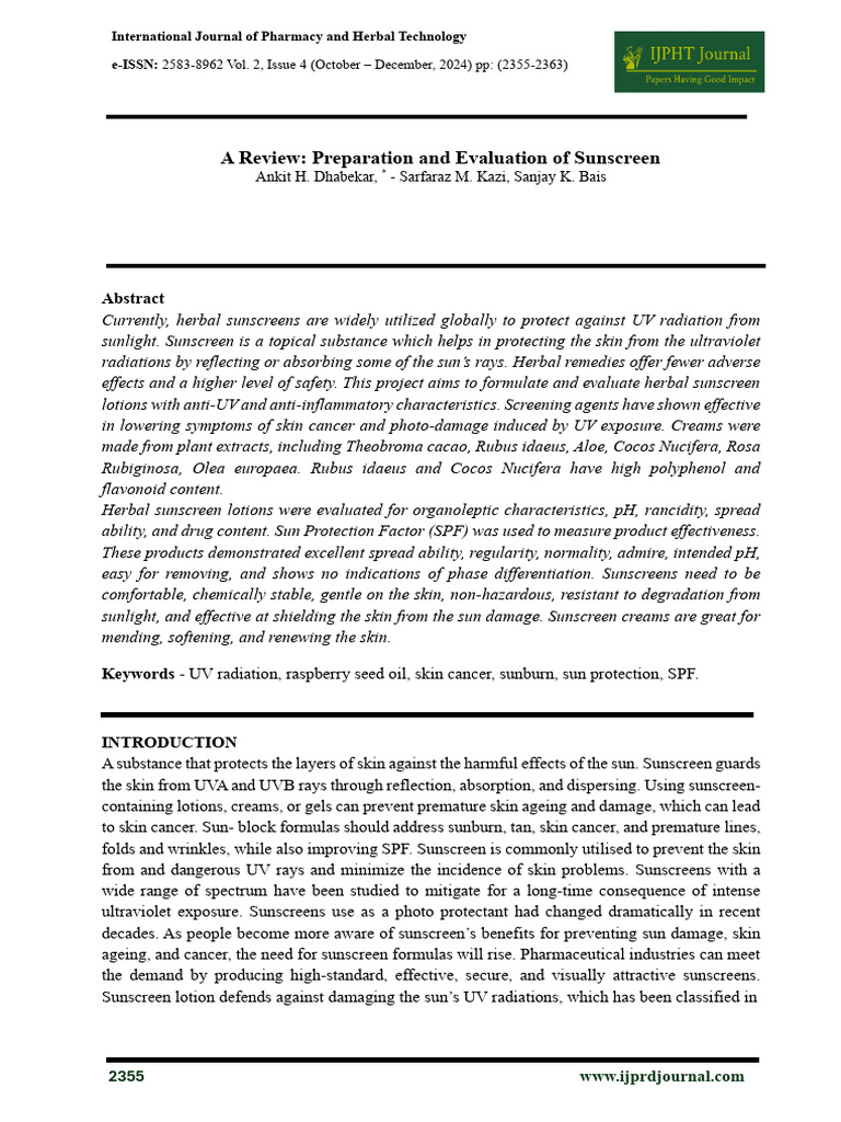 A Review - Preparation and Evaluation of Sunscreen | PDF | Sunscreen ...