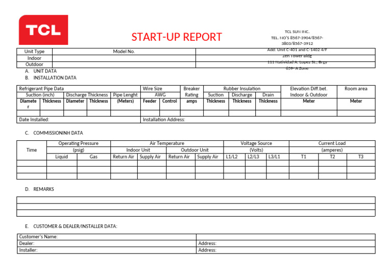 HVAC startup report with unit data, installation information, refrigerant pipe details, operating pressure, air temperature, voltage, and current load