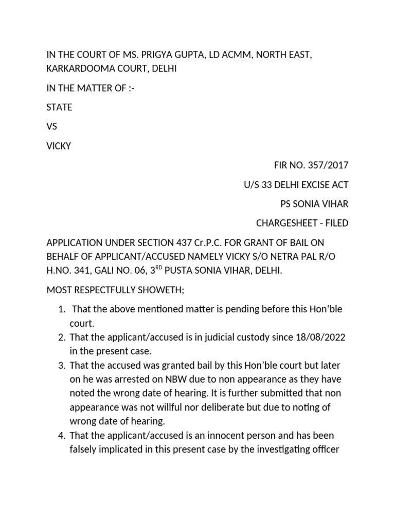 Bail Application Under Section 437 CrPC | PDF | Bail | Criminal Justice
