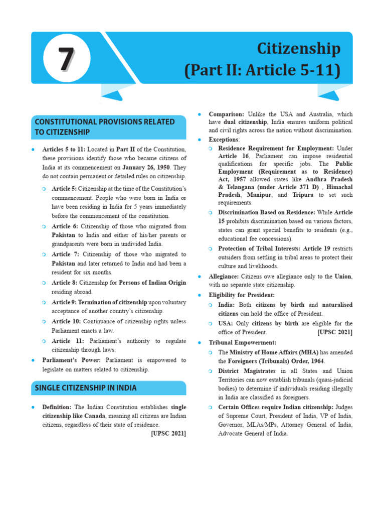 Constitutional Provisions on Indian Citizenship | PDF | Citizenship ...