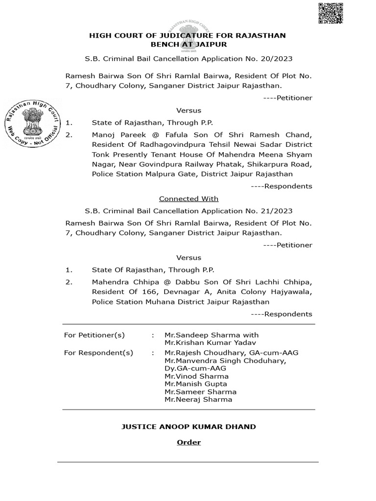 Rajasthan High Court Bail Cancellation Ruling | PDF | Bail | Criminal ...