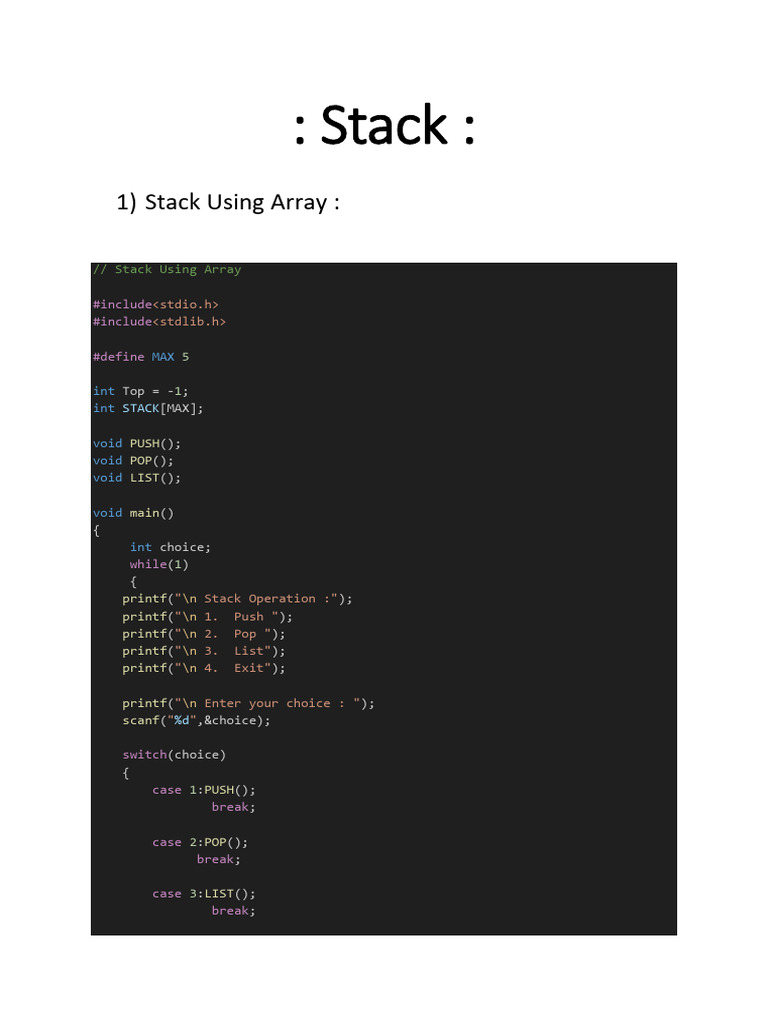 Stack Operations and Applications in C | PDF | Computing | Computer ...