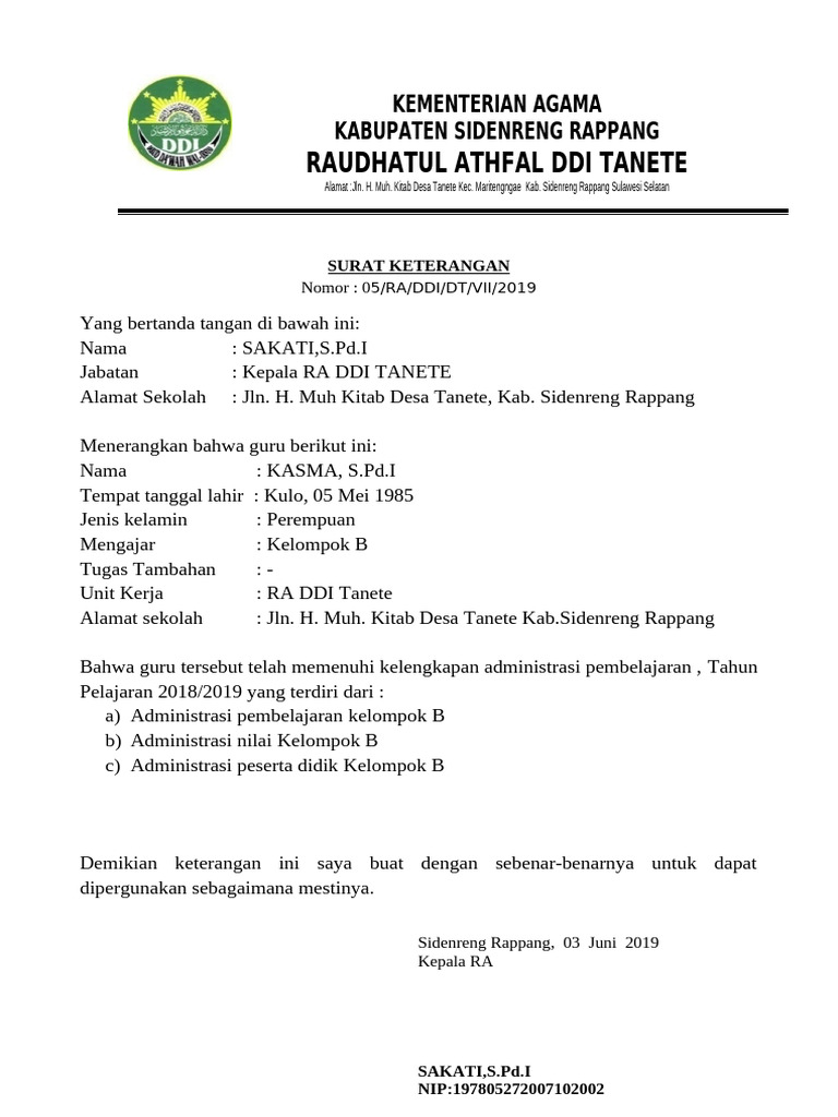 Surat Keterangan Guru RA DDI Tanete | PDF