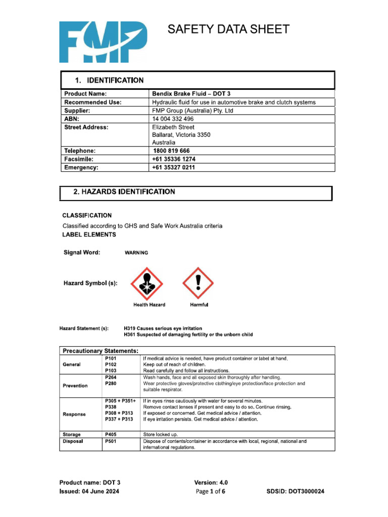 Bendix Brake Fluid Dot 3 Sds | PDF