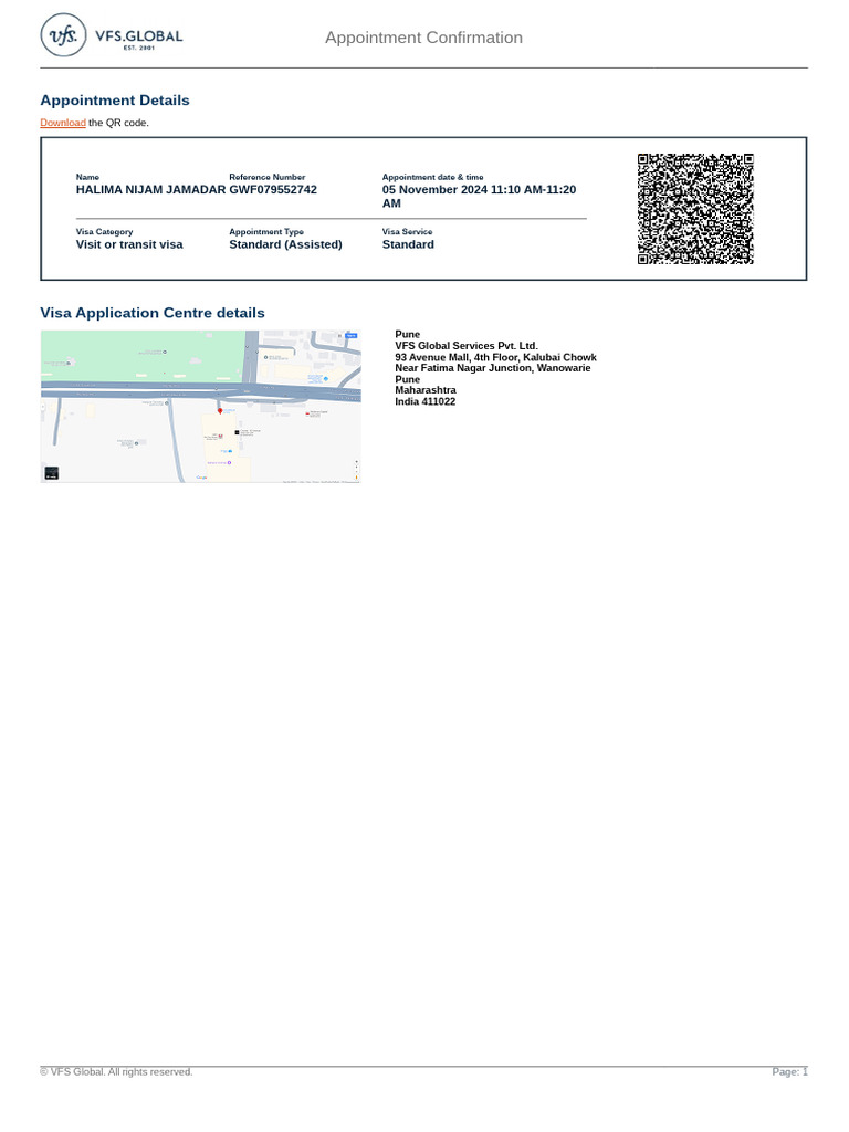 VFS Global Appointment Confirmation | PDF | Government And Personhood