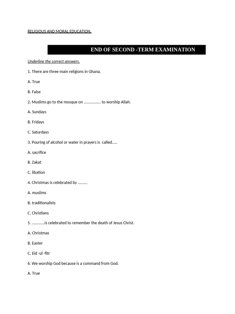 RME Questions for Class 2 Exam | PDF | Mosque | Prayer