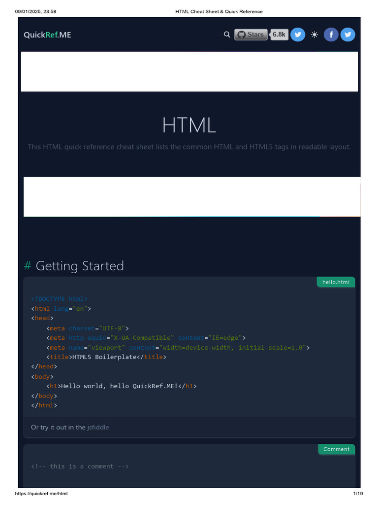 HTML Quick Reference Cheat Sheet | PDF | Html Element | Html