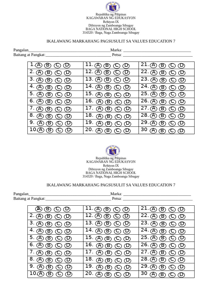 Answer Sheet VE Q2 | PDF