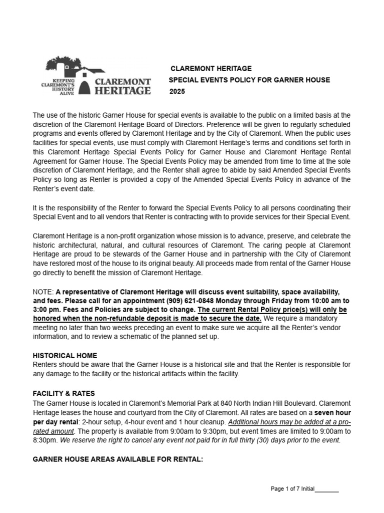 Garner House Special Events Policy 2025 | PDF | Fee | Renting